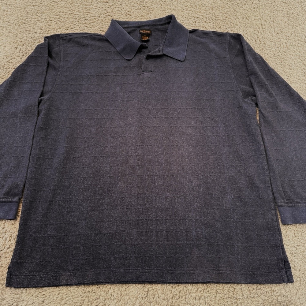 Van Heusen Blue Textured Geometric Boxes Polo Long Sleeve Shirt Men's XL‎